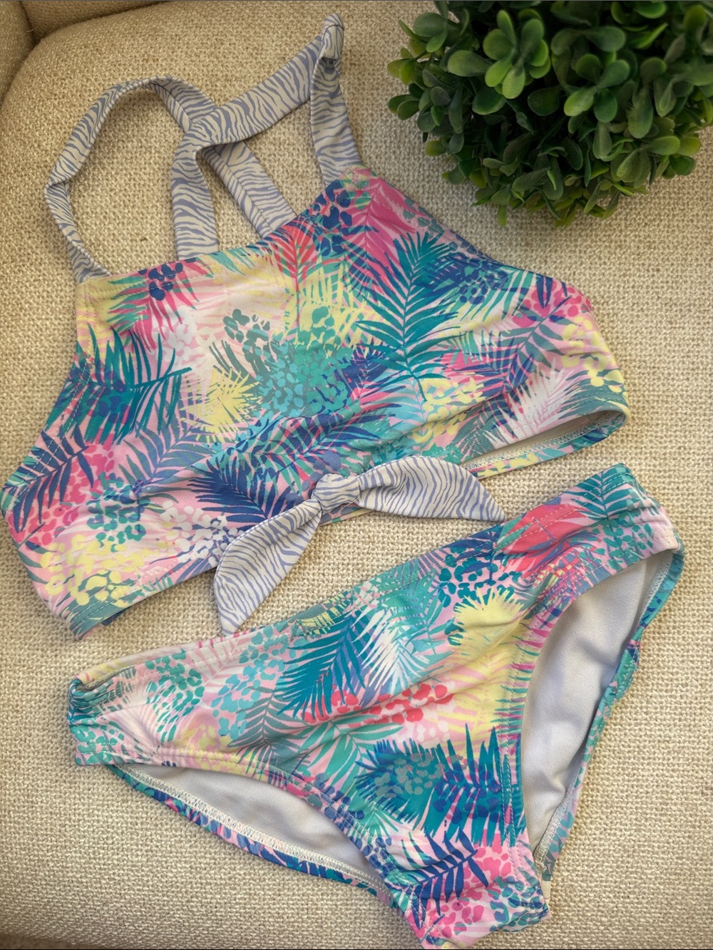 Tropical Palm Print Girls' Swim Bikini - Pink, Teal & Yellow